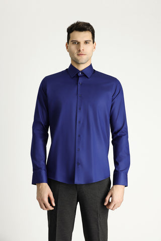 Orta Lacivert Uzun Kol Slim Fit Dar Kesim Klasik Non Iron Saten Pamuklu Gömlek-Ki??l?