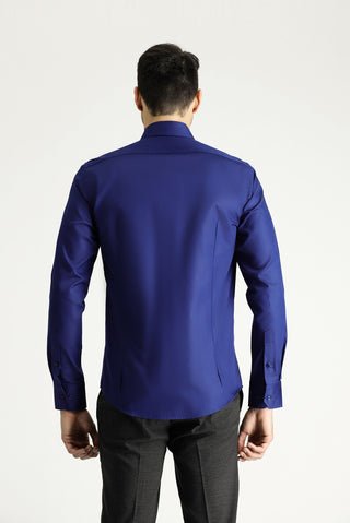 Orta Lacivert Uzun Kol Slim Fit Dar Kesim Klasik Non Iron Saten Pamuklu Gömlek-Ki??l?