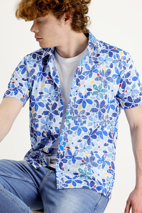 Blue Short Sleeve Slim Fit Printed Cotton Shirt