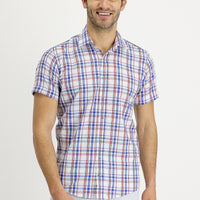 Mavi Kısa Kol Slim Fit Dar Kesim Ekose Pamuklu Gömlek