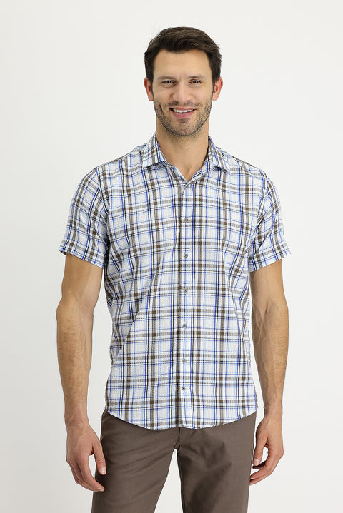 Orta Kahve Kısa Kol Slim Fit Dar Kesim Ekose Pamuklu Gömlek