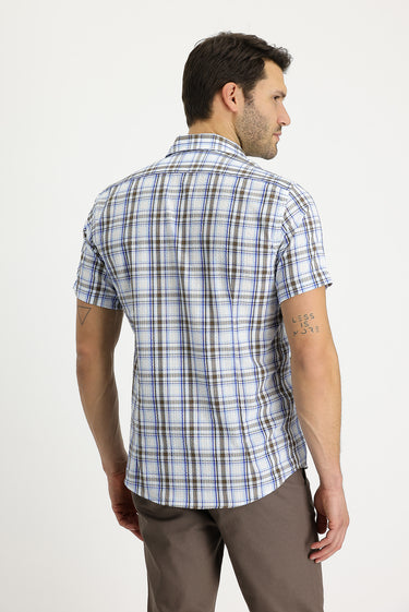 Orta Kahve Kısa Kol Slim Fit Dar Kesim Ekose Pamuklu Gömlek