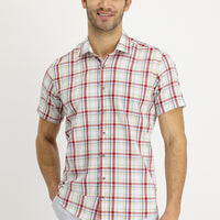 Bayrak Kırmızı Kısa Kol Slim Fit Dar Kesim Ekose Pamuklu Gömlek