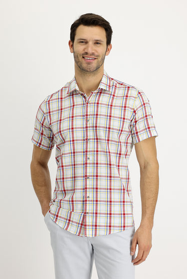 Bayrak Kırmızı Kısa Kol Slim Fit Dar Kesim Ekose Pamuklu Gömlek