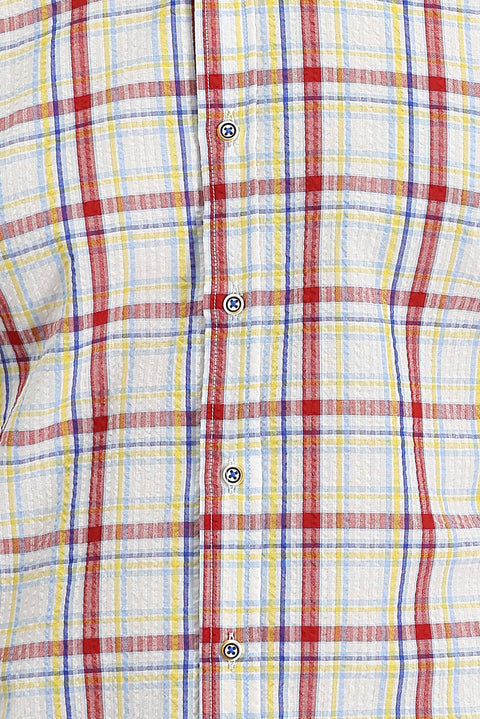 Bayrak Kırmızı Kısa Kol Slim Fit Dar Kesim Ekose Gömlek