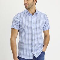 Açık Mavi Kısa Kol Slim Fit Dar Kesim Ekose Gofre Pamuklu Gömlek