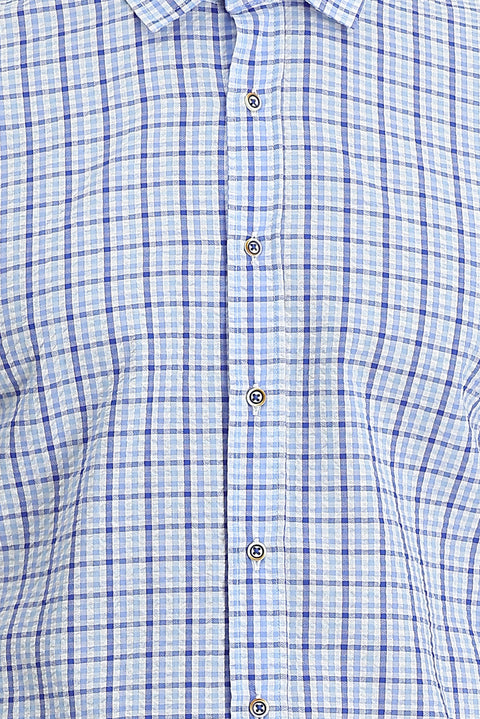 Açık Mavi Kısa Kol Slim Fit Dar Kesim Ekose Gofre Pamuklu Gömlek