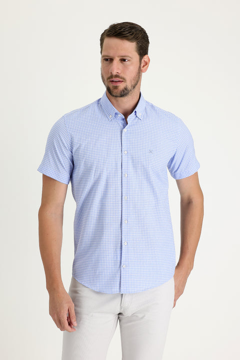 Açık Mavi Kısa Kol Slim Fit Dar Kesim Ekose Gömlek