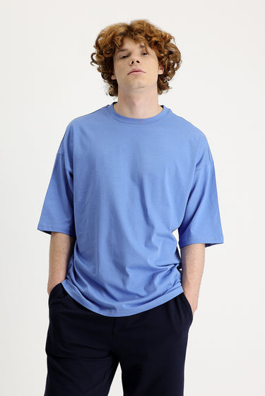 Havacı Mavi Bisiklet Yaka Oversize Süprem Pamuk Tişört