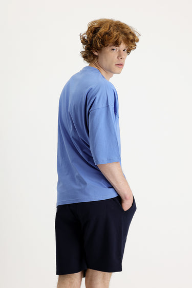 Havacı Mavi Bisiklet Yaka Oversize Süprem Pamuk Tişört