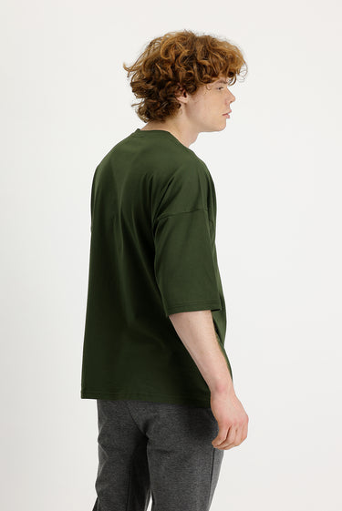 Orta Haki Bisiklet Yaka Oversize Süprem Pamuk Tişört