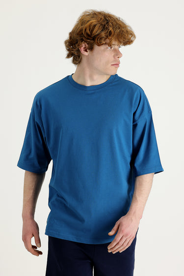 Orta Petrol Bisiklet Yaka Oversize Süprem Pamuk Tişört