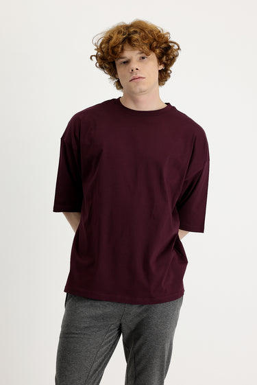 Koyu Bordo Bisiklet Yaka Oversize Süprem Pamuk Tişört