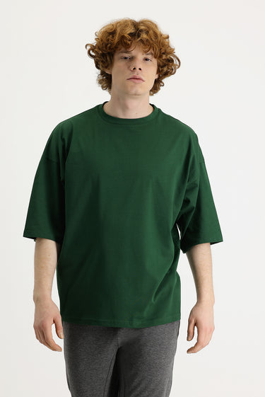 Koyu Yeşil Bisiklet Yaka Oversize Süprem Pamuk Tişört