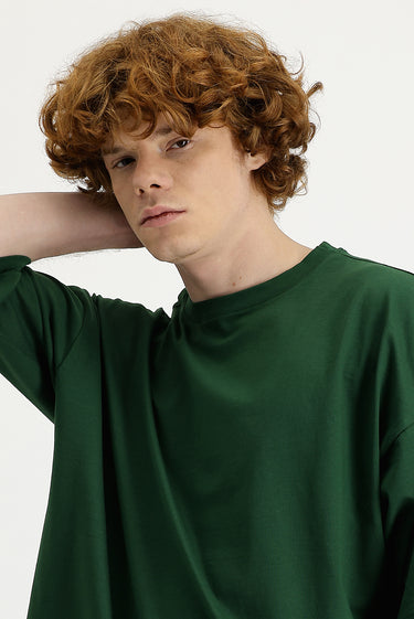 Koyu Yeşil Bisiklet Yaka Oversize Süprem Pamuk Tişört