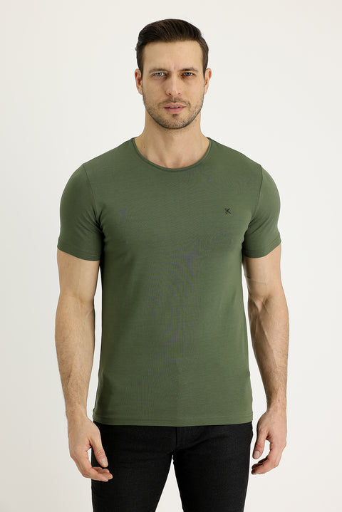 Medium Khaki Crew Neck Slim Fit Embroidered T-Shirt