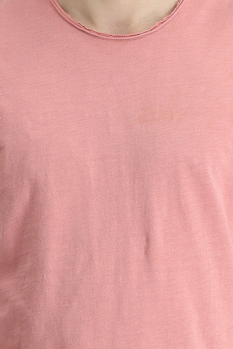 Orta Pembe Bisiklet Yaka Slim Fit Dar Kesim Baskılı Pamuk Tişört