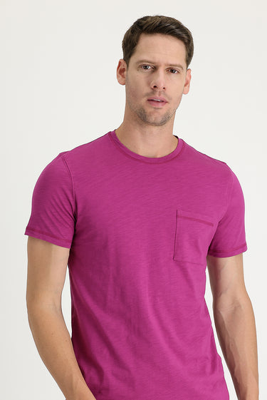 Fuşya Bisiklet Yaka Slim Fit Dar Kesim Baskılı Pamuk Tişört