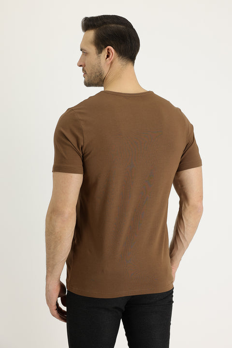 Tobacco V-Neck Slim Fit Embroidered Cotton T-Shirt