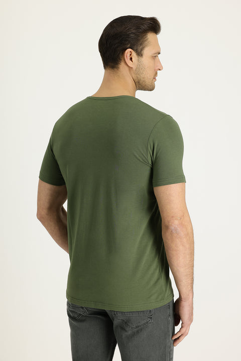 Orta Haki V Yaka Slim Fit Dar Kesim Nakışlı Tişört Pamuklu