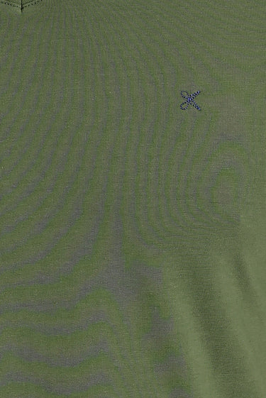 Orta Haki V Yaka Slim Fit Dar Kesim Nakışlı Tişört