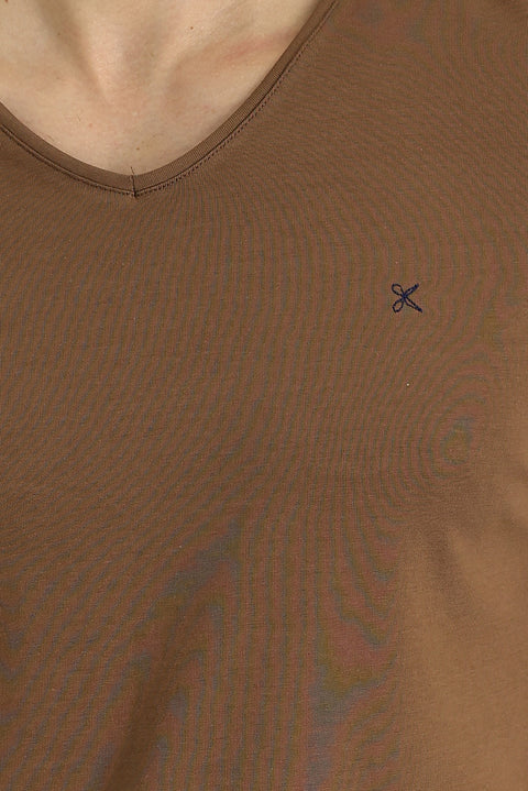 Tan V-Neck Slim Fit Cotton T-Shirt