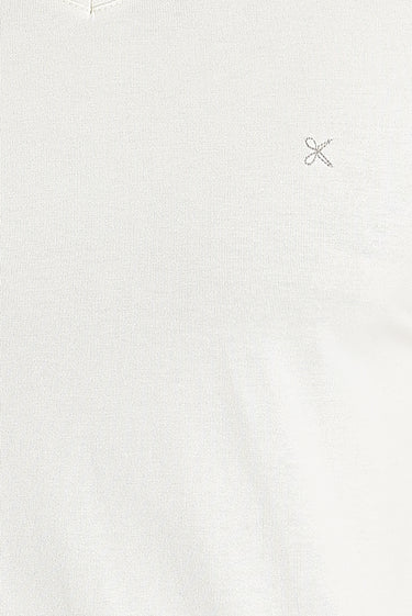 Ekru V Yaka Slim Fit Dar Kesim Pamuklu Tişört