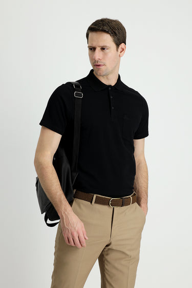 Siyah Polo Yaka Regular Fit Nakışlı Pamuk Tişört