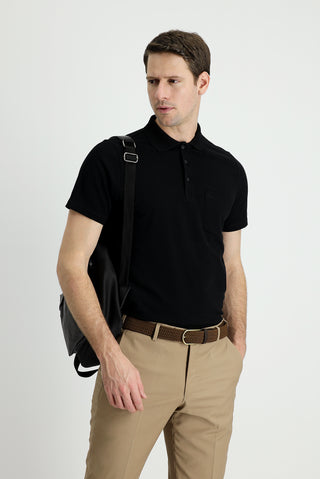 Siyah Polo Yaka Regular Fit Nakışlı Pamuk Tişört