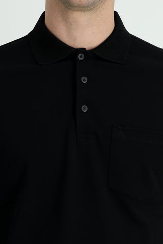 Siyah Polo Yaka Regular Fit Nakışlı Pamuk Tişört