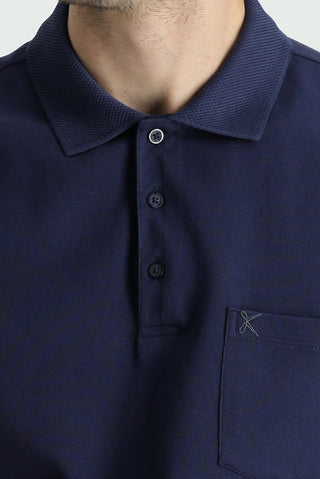 Koyu Lacivert Polo Yaka Regular Fit Nakışlı Pamuk Tişört