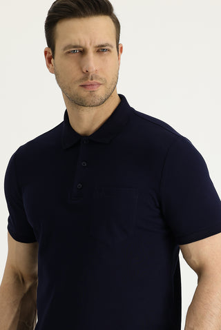 Siyah Lacivert Polo Yaka Regular Fit Nakışlı Pamuk Tişört