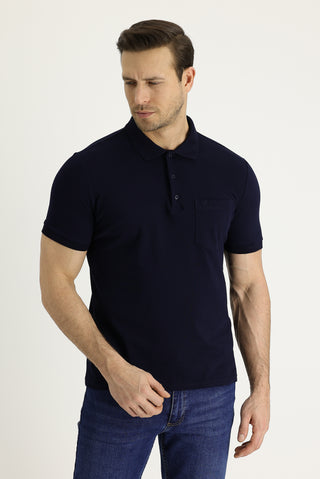 Siyah Lacivert Polo Yaka Regular Fit Nakışlı Pamuk Tişört