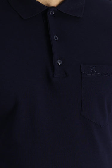 Siyah Lacivert Polo Yaka Regular Fit Nakışlı Pamuk Tişört