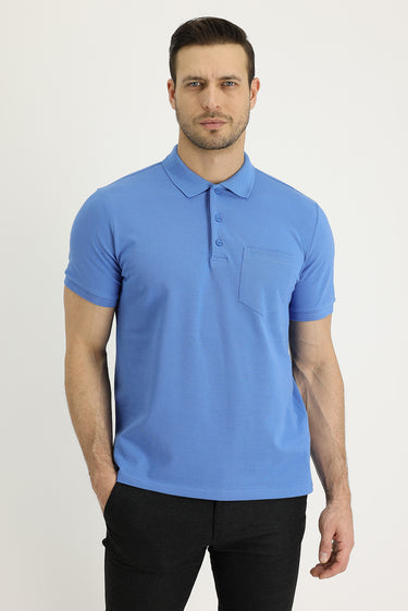 Havacı Mavi Polo Yaka Regular Fit Nakışlı Pamuk Tişört