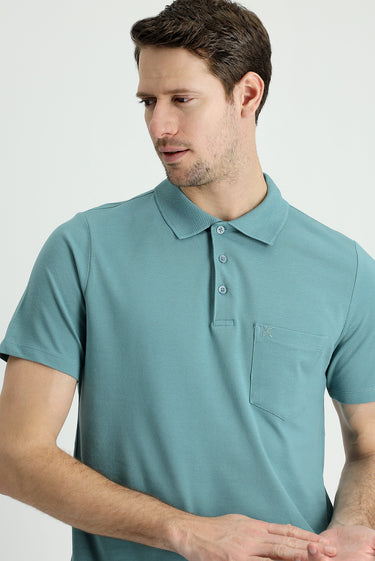 Küf Yeşili Polo Yaka Regular Fit Nakışlı Pamuk Tişört