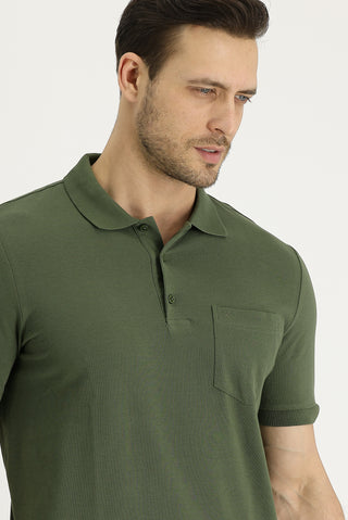 Orta Haki Polo Yaka Regular Fit Nakışlı Pamuk Tişört