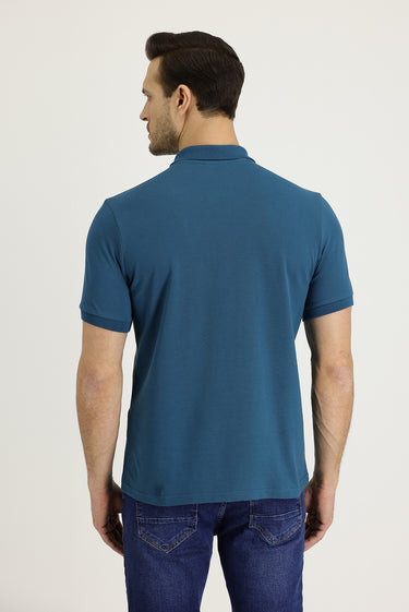 Orta Petrol Polo Yaka Regular Fit Nakışlı Pamuk Tişört