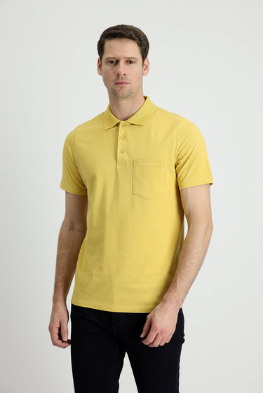 Koyu Sarı Polo Yaka Regular Fit Nakışlı Pamuk Tişört