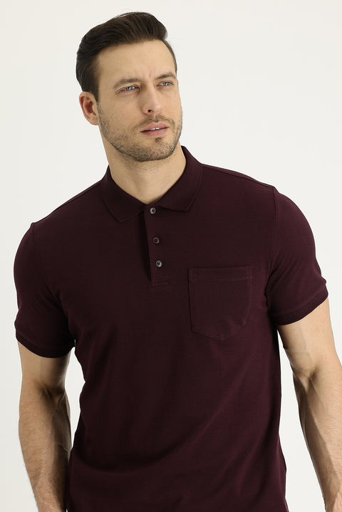 Dark Burgundy Polo Collar Regular Fit Embroidered Cotton T-shirt
