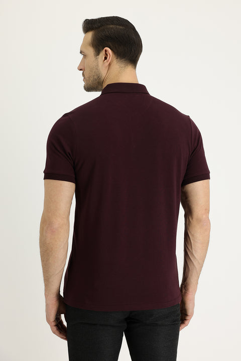 Dark Burgundy Polo Collar Regular Fit Embroidered Cotton T-shirt