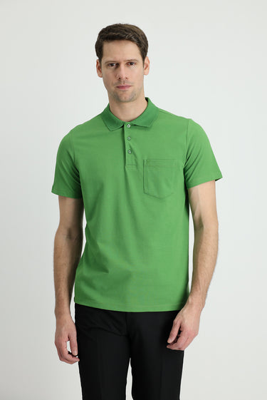 Çimen Yeşili Polo Yaka Regular Fit Nakışlı Pamuk Tişört