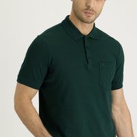 Koyu Yeşil Polo Yaka Regular Fit Nakışlı Pamuk Tişört