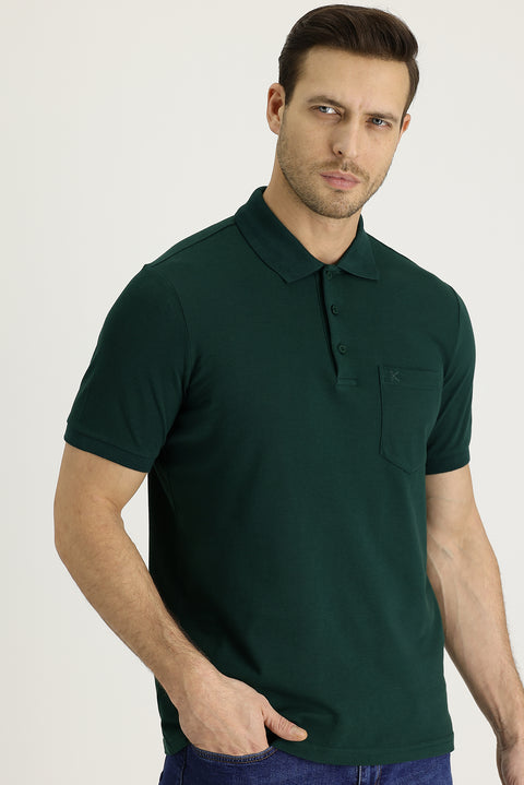 Koyu Yeşil Polo Yaka Regular Fit Nakışlı Pamuk Tişört