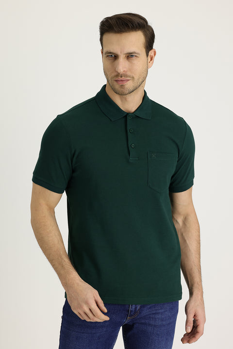 Koyu Yeşil Polo Yaka Regular Fit Nakışlı Pamuk Tişört