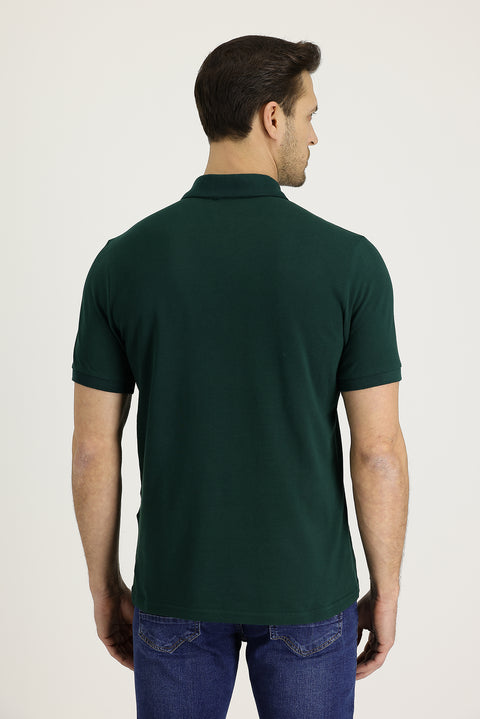 Koyu Yeşil Polo Yaka Regular Fit Nakışlı Pamuk Tişört
