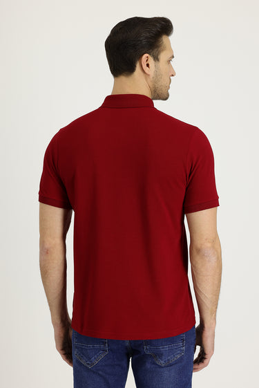 Koyu Kırmızı Polo Yaka Regular Fit Nakışlı Pamuk Tişört