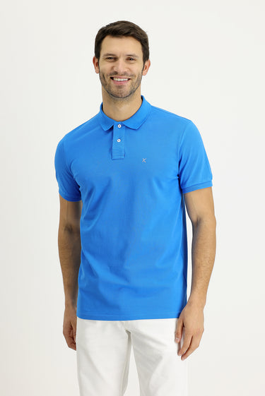 Su Mavisi Polo Yaka Regular Fit Nakışlı Pamuk Tişört