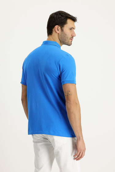 Su Mavisi Polo Yaka Regular Fit Nakışlı Pamuk Tişört