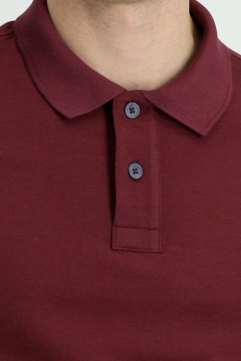 Koyu Bordo Polo Yaka Regular Fit Nakışlı Pamuk Tişört